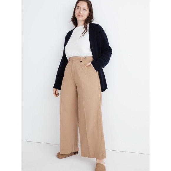 Madewell Pants - Madewell Harlow Wide Leg Pleated Trousers 14 Tan Khaki Linen Blend Pants Flowy
